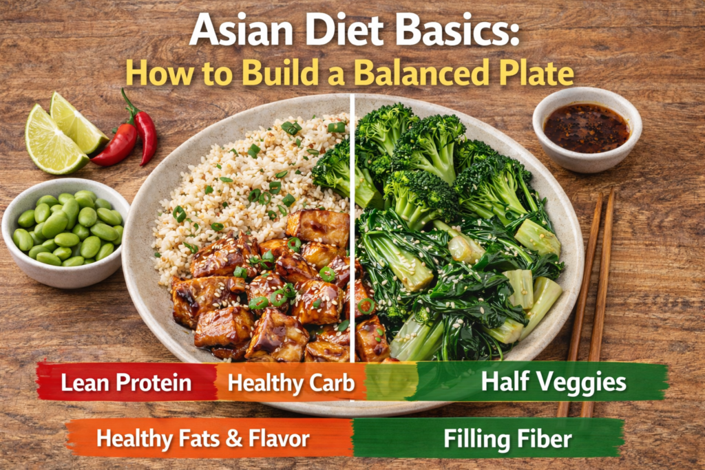 A balanced Asian meal divided into sections: grilled tofu with brown rice for healthy carbs, sautéed broccoli and bok choy for vegetables, and edamame on the side for added protein. Banners emphasize "Lean Protein," "Healthy Carb," "Half Veggies," and "Filling Fiber.