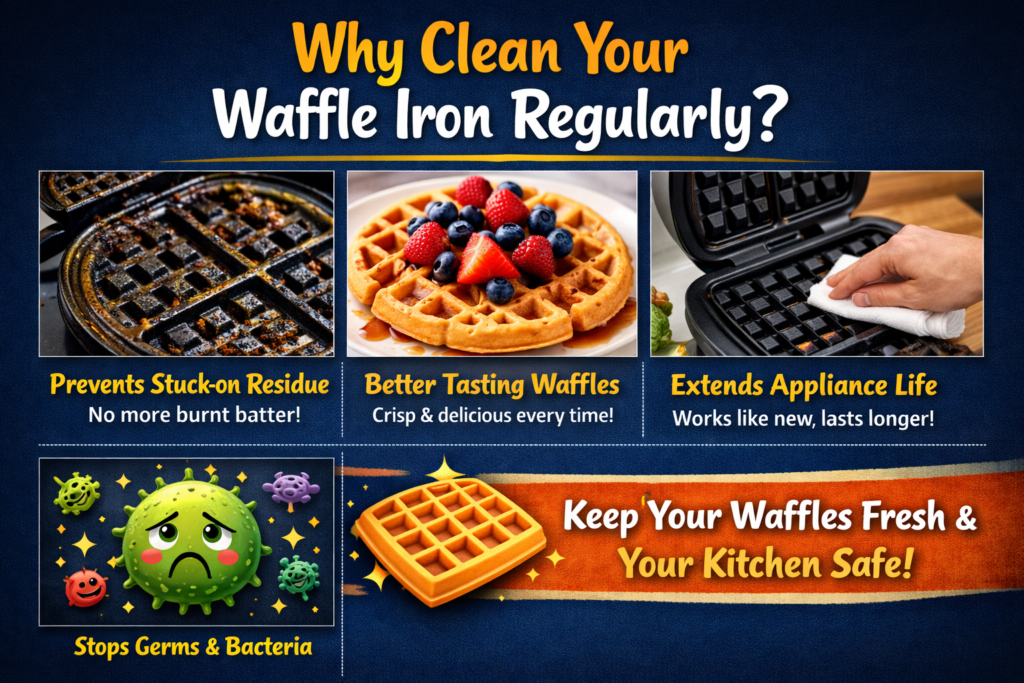Why clean your waffle iron regularly infographic showing benefits like better taste removing residue preventing bacteria and extending appliance life.