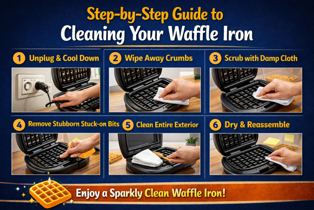 Step by step guide to cleaning a waffle iron showing unplugging wiping crumbs scrubbing plates removing residue and drying safely.