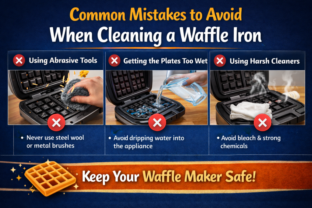 Common mistakes when cleaning a waffle iron including abrasive tools too much water and harsh cleaners to avoid damage.