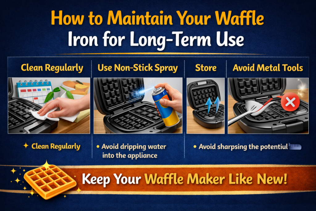 How to maintain your waffle iron for long term use with tips on cleaning storage non stick care and avoiding damage.