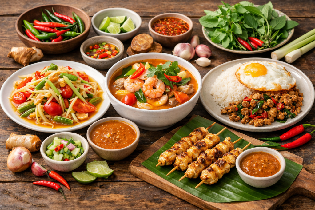 A vibrant array of Thai dishes, including Som Tam, Tom Yum Goong, Pad Krapow with a fried egg, and grilled Chicken Satay, surrounded by fresh ingredients like chilies, garlic, and lime