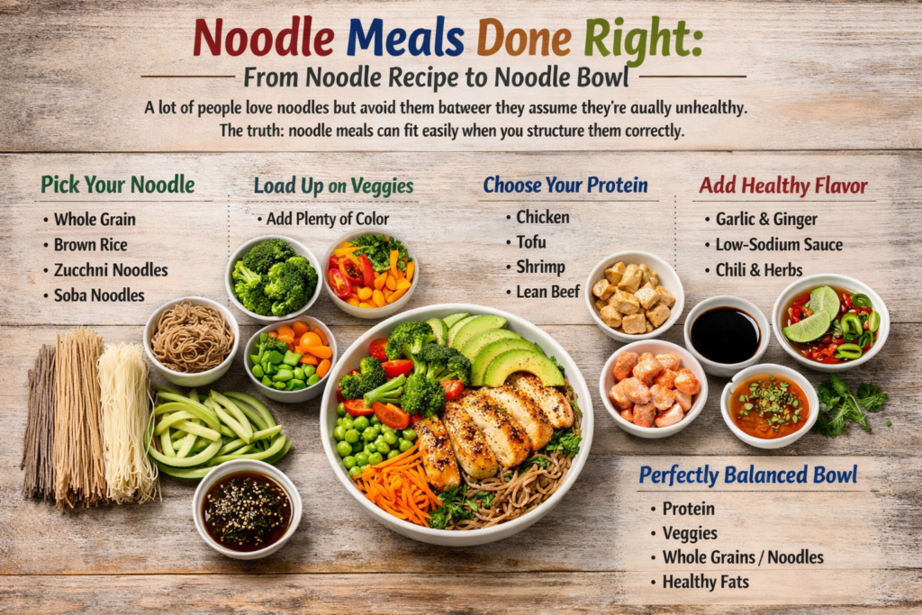 Infographic showing how to create a balanced noodle bowl, with sections for choosing noodles, adding vegetables, proteins, and healthy flavors for a nutritious meal.