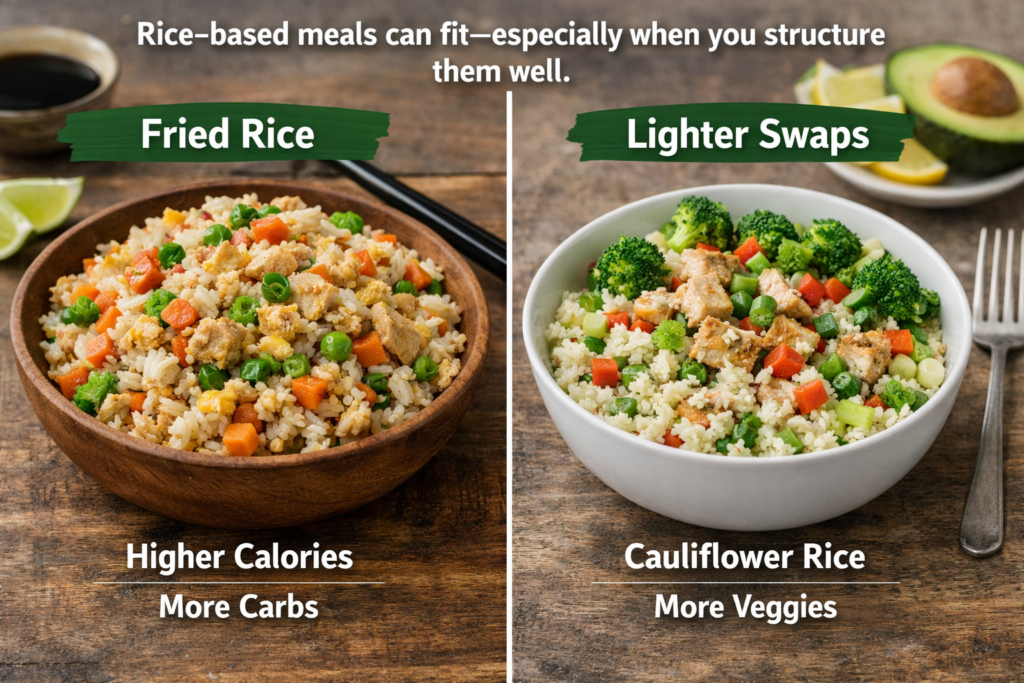 An image comparing fried rice and lighter rice alternatives, highlighting their distinct textures and ingredients side by side