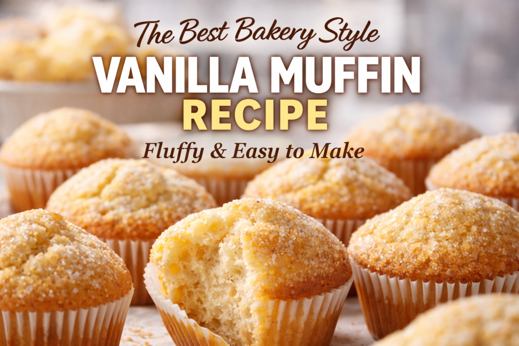Close up of bakery style vanilla muffin recipe with sugary tops and soft interiors, perfect for an easy, fluffy muffin recipe.
