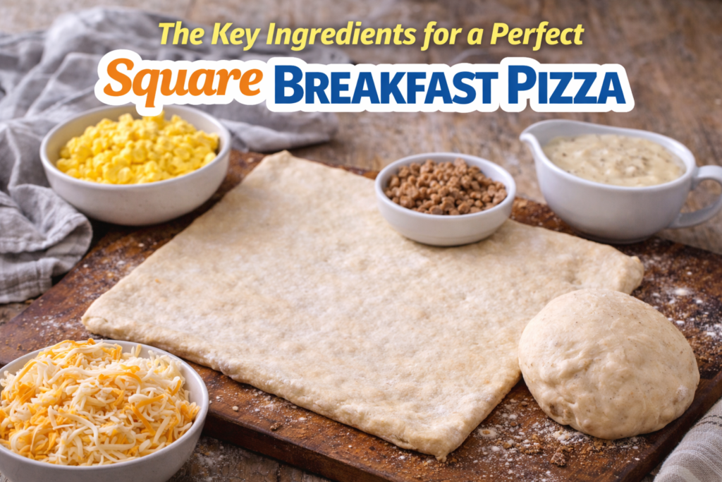 Close-up of the key ingredients for a square breakfast pizza, including pizza dough, scrambled eggs, sausage, gravy, and shredded cheese, arranged on a wooden board.