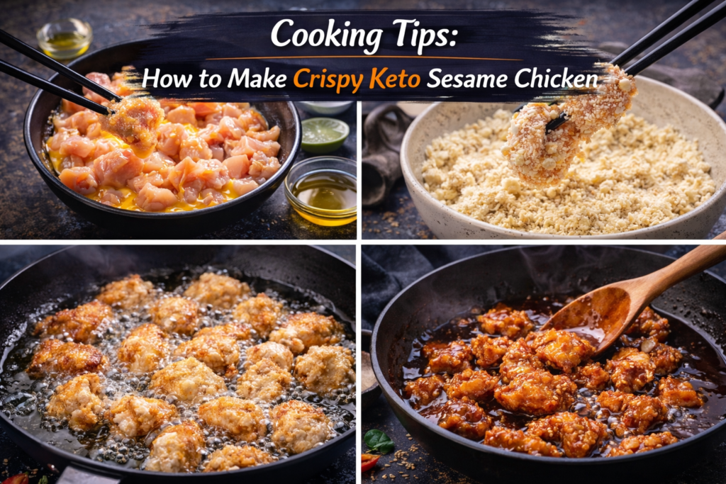 Step-by-step guide to making crispy keto sesame chicken, showing chicken coating with almond flour, frying in hot oil, and tossing in a rich sugar-free sauce.