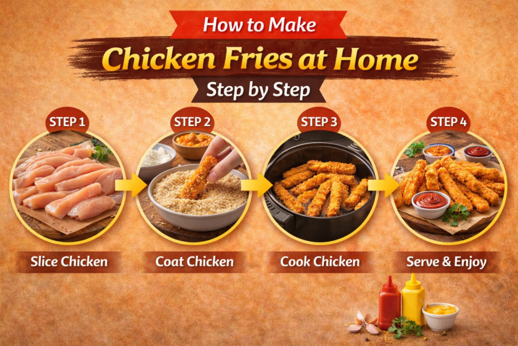 Step-by-step image showing the process of making homemade chicken fries: slicing chicken, coating with breadcrumbs, cooking in the fryer, and serving with dipping sauces.