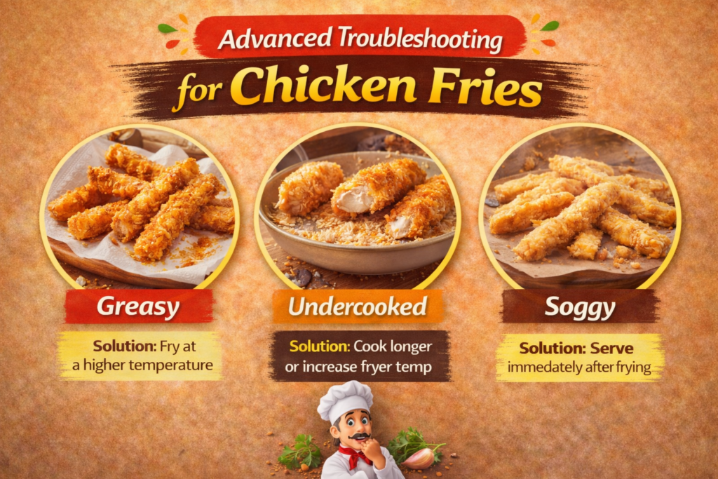 Three chicken fry troubleshooting scenarios: greasy fries, undercooked chicken fries, and soggy fries, with solutions for each, featuring vibrant text and a cartoon chef.