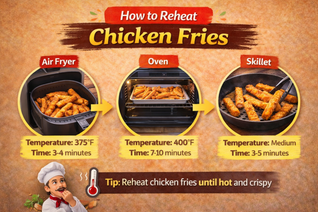 Step-by-step guide for reheating chicken fries in an air fryer, oven, and skillet, with temperatures and times for each method, illustrated with vibrant, playful visuals.