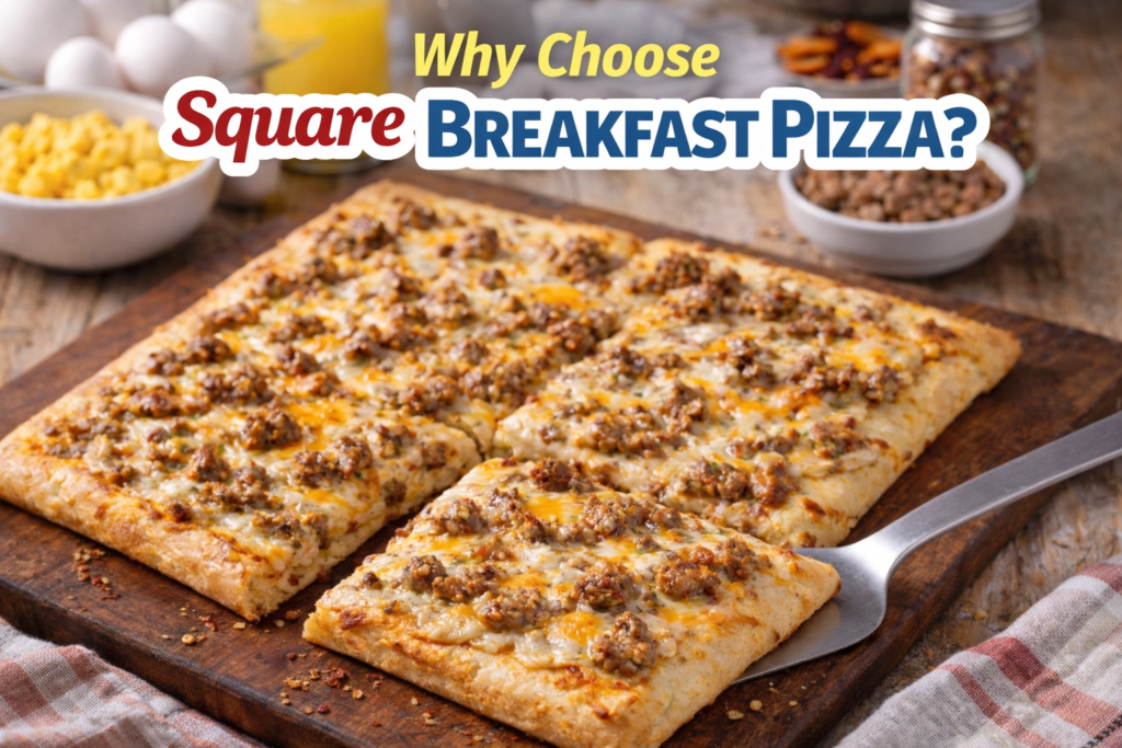 Freshly baked square breakfast pizza topped with crumbled sausage, mozzarella cheese, and creamy gravy, served on a rustic wooden board