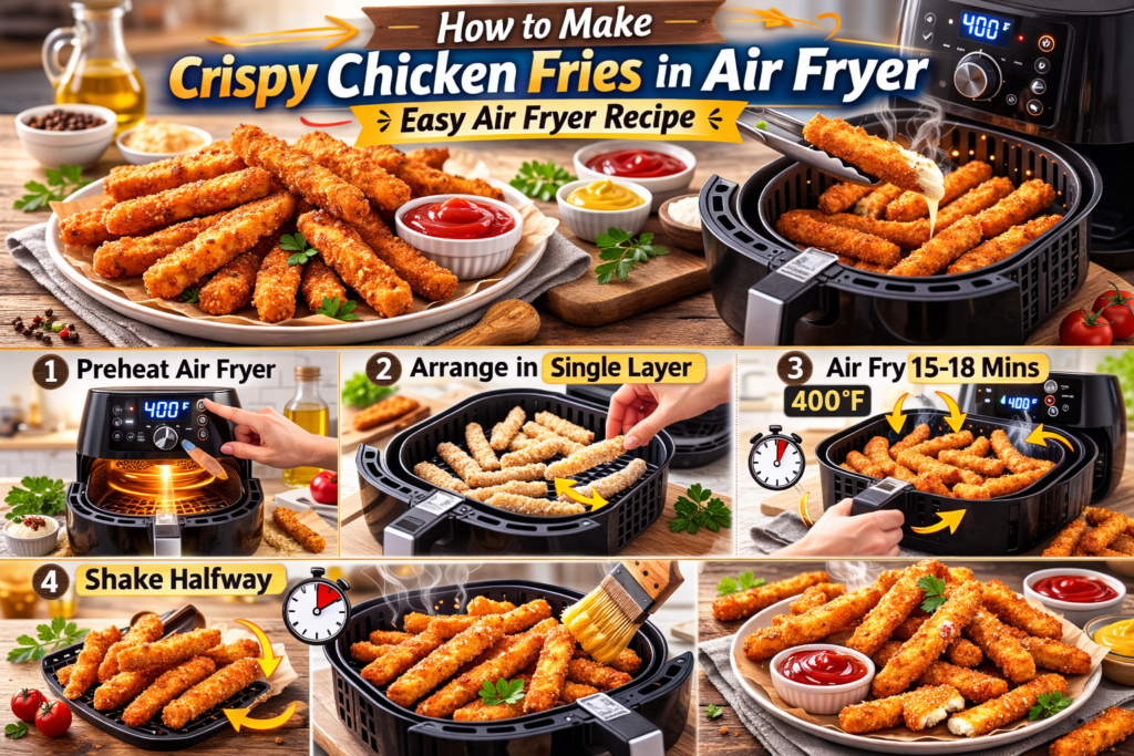 Step-by-step tutorial on making crispy chicken fries in air fryer, with images showcasing the process from preheating the air fryer to arranging the fries and the final golden crispy results.