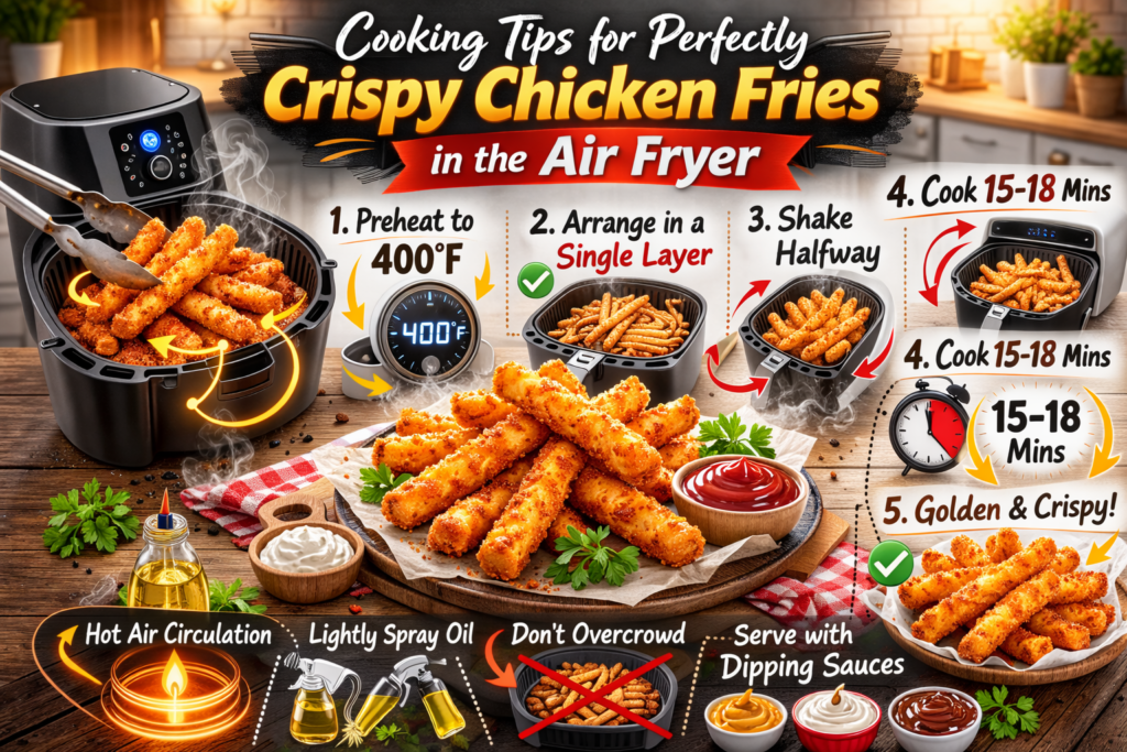 Step-by-step guide for making crispy chicken fries in the air fryer, with tips for preheating, arranging fries in a single layer, shaking halfway, and achieving the perfect golden-brown result.