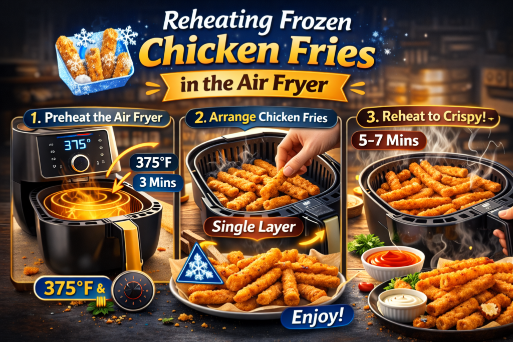 Step-by-step infographic showing how to reheat frozen chicken fries in an air fryer. The image includes preheating the air fryer to 375°F, arranging the fries in a single layer, and reheating for 5-7 minutes until crispy and golden.