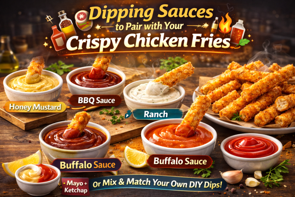 An image showing a variety of dipping sauces for crispy chicken fries, including honey mustard, BBQ sauce, ranch, and buffalo sauce, with a golden plate of fries and condiments in the background.