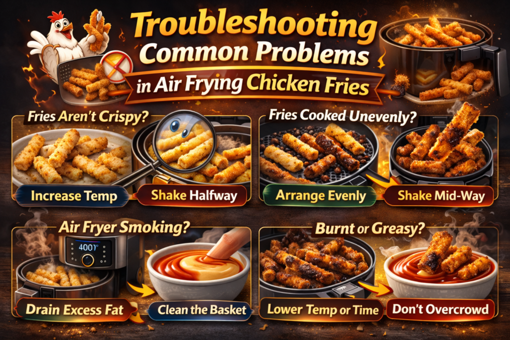 An infographic providing solutions for common problems when air frying chicken fries, including tips for making fries crispy, even cooking, preventing smoking, and avoiding burnt results.