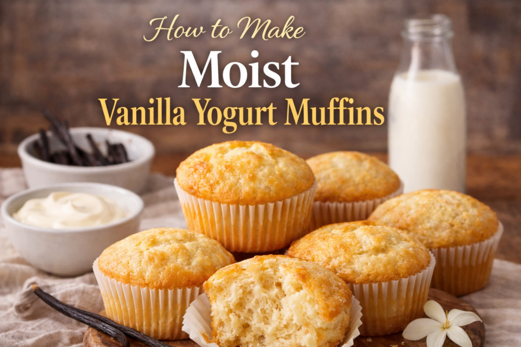 How to Make Moist Vanilla Yogurt Muffins - Soft, golden muffins with a fluffy texture, served with vanilla pods, creamy yogurt, and milk on a rustic kitchen backdrop.