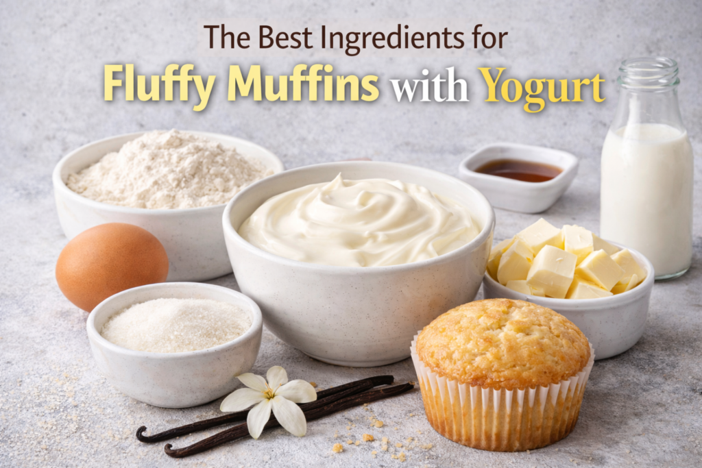 The Best Ingredients for Fluffy Muffins with Yogurt - Fresh Greek yogurt, flour, butter, eggs, vanilla extract, and milk arranged on a light gray textured background, with a freshly baked muffin in the foreground.