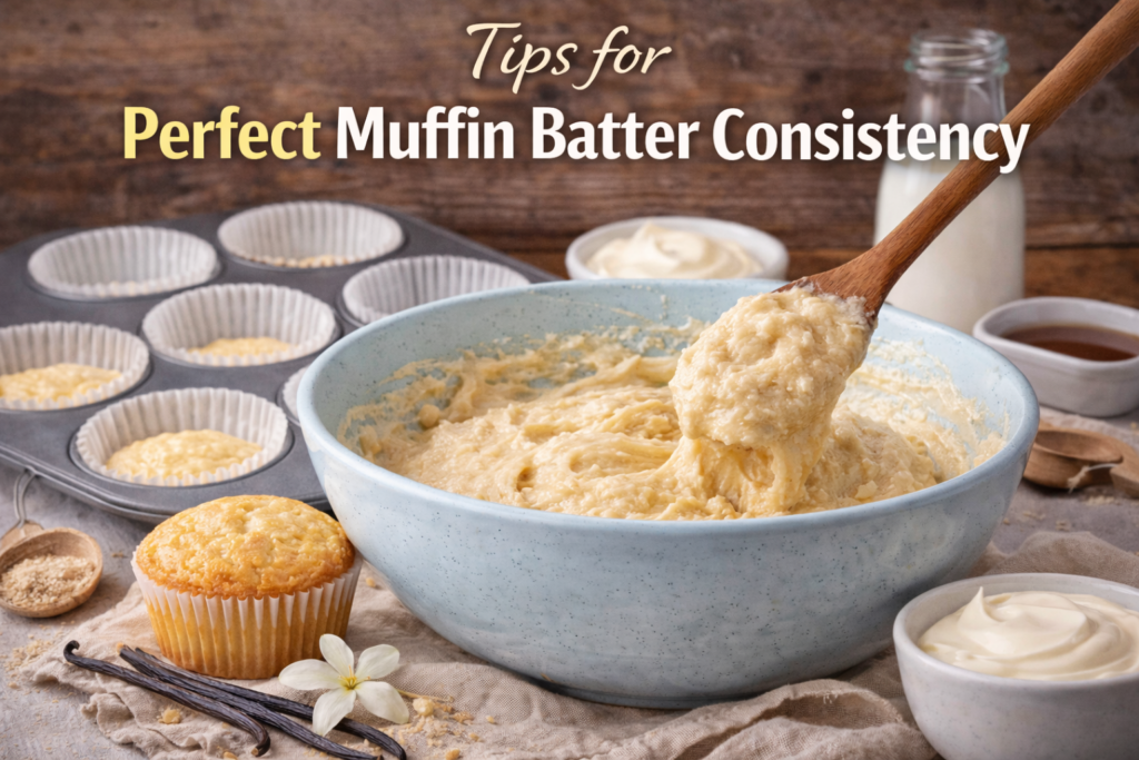 Tips for Perfect Muffin Batter Consistency - A light blue mixing bowl with creamy muffin batter, a freshly baked muffin, and baking essentials like vanilla, flour, and yogurt, set against a warm, rustic background.