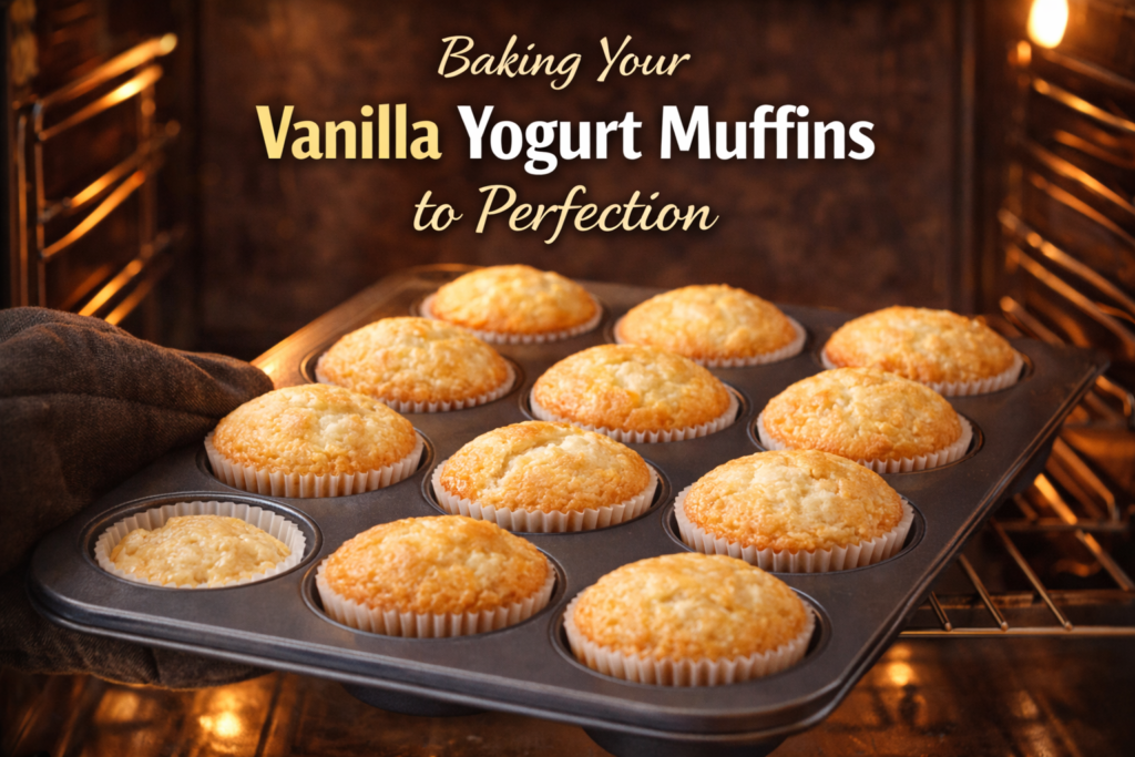 Baking Your Vanilla Yogurt Muffins to Perfection - A close-up of golden-brown vanilla yogurt muffins in a muffin pan, being removed from the oven with a hand in a quilted mitt, illuminated by warm oven light.