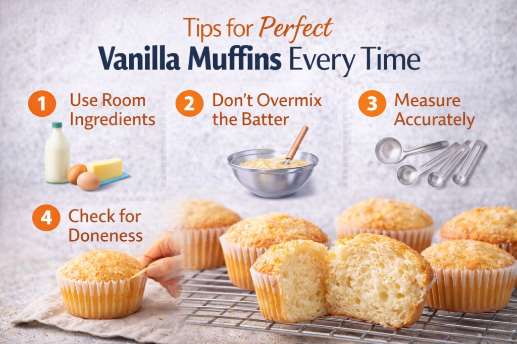 Tips for Perfect Vanilla Muffins Every Time - Freshly baked golden muffins on a cooling rack, with numbered tips for perfect muffin batter consistency, including using room temperature ingredients, not overmixing, measuring accurately, and checking for doneness.