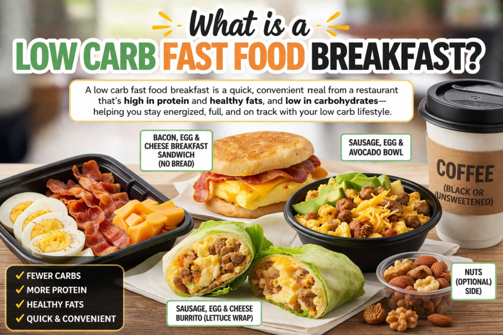 Low carb fast food breakfast ideas including egg and cheese muffin sausage egg bowl lettuce wrapped sandwich bacon egg bites low carb burrito and avocado bacon plate on wooden background.