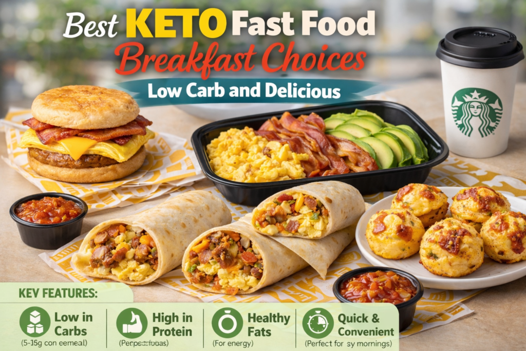 Best keto fast food breakfast choices with low carb options including eggs bacon avocado and protein rich meals.