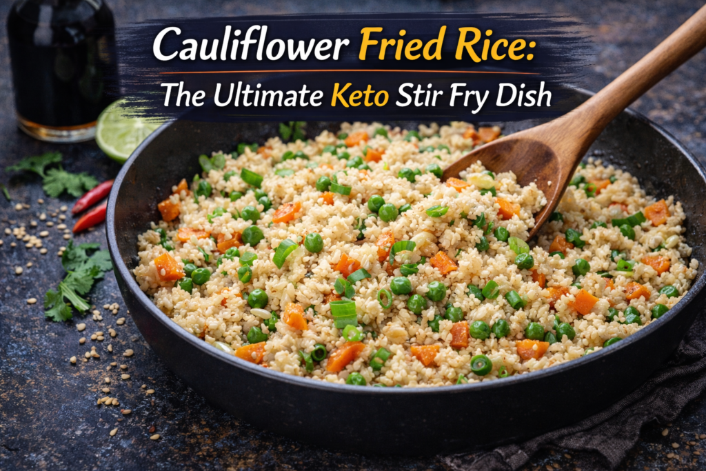 Close-up of cauliflower fried rice in a black pan, featuring cauliflower rice, green peas, carrots, and green onions, garnished with sesame seeds and cilantro for a keto stir fry dish.