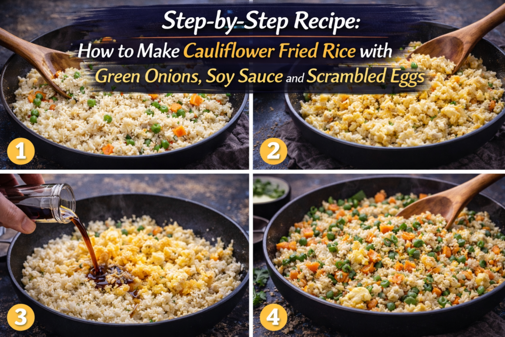 Step-by-step images showing how to make cauliflower fried rice with green onions, soy sauce, and scrambled eggs, from sautéing the cauliflower to mixing in the sauce and garnishing.
