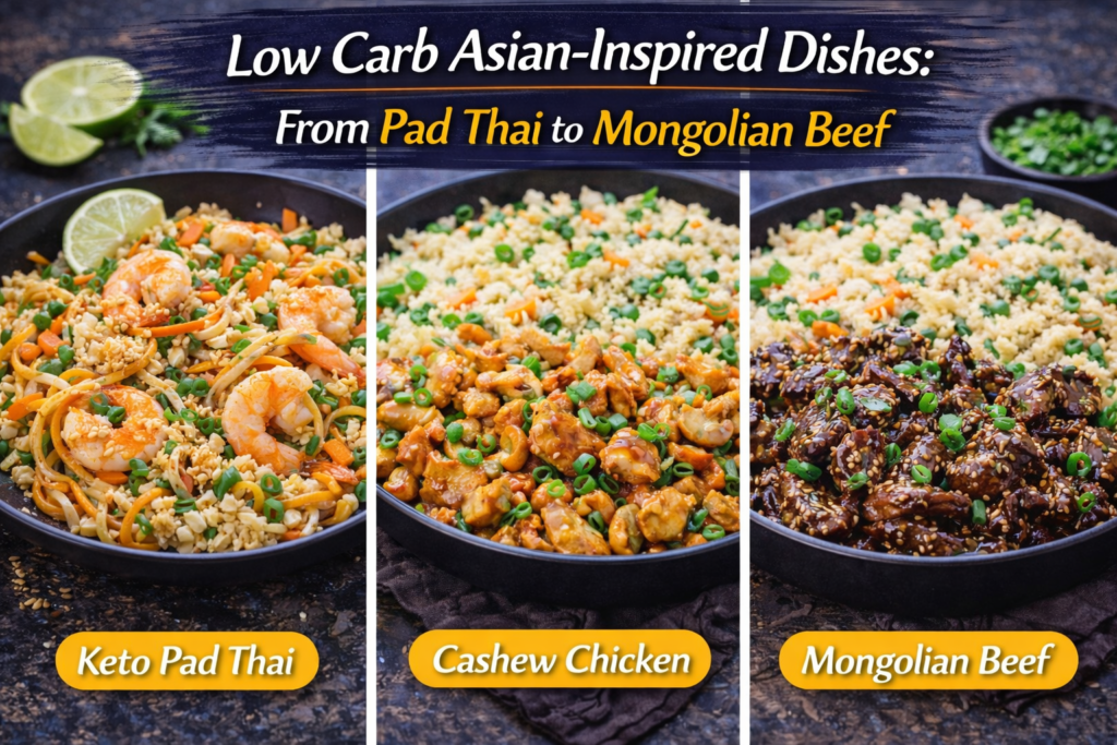 Three low-carb Asian-inspired dishes: Keto Pad Thai with shrimp, Cashew Chicken with cauliflower rice, and Mongolian Beef, all garnished with green onions and served in black bowls.Three low-carb Asian-inspired dishes: Keto Pad Thai with shrimp, Cashew Chicken with cauliflower rice, and Mongolian Beef, all garnished with green onions and served in black bowls.Three low-carb Asian-inspired dishes: Keto Pad Thai with shrimp, Cashew Chicken with cauliflower rice, and Mongolian Beef, all garnished with green onions and served in black bowls.Three low-carb Asian-inspired dishes: Keto Pad Thai with shrimp, Cashew Chicken with cauliflower rice, and Mongolian Beef, all garnished with green onions and served in black bowls.Three low-carb Asian-inspired dishes: Keto Pad Thai with shrimp, Cashew Chicken with cauliflower rice, and Mongolian Beef, all garnished with green onions and served in black bowls.Three low-carb Asian-inspired dishes: Keto Pad Thai with shrimp, Cashew Chicken with cauliflower rice, and Mongolian Beef, all garnished with green onions and served in black bowls.Three low-carb Asian-inspired dishes: Keto Pad Thai with shrimp, Cashew Chicken with cauliflower rice, and Mongolian Beef, all garnished with green onions and served in black bowls.