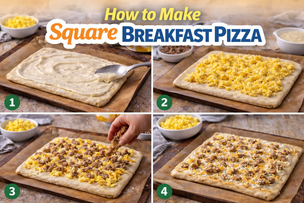 A collage demonstrating the process of making square breakfast pizza, featuring four steps: spreading sauce on dough, adding scrambled eggs, topping with sausage, and finishing with cheese, all set in a rustic kitchen background