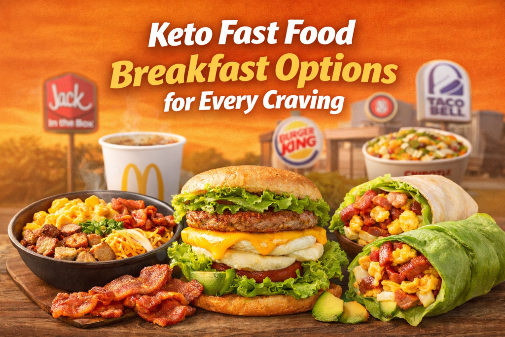 Tempting keto fast food breakfast options including a bunless sandwich, breakfast bowl with grilled chicken and scrambled eggs, and a lettuce-wrapped breakfast burrito, with vibrant fast food restaurant logos in the background.