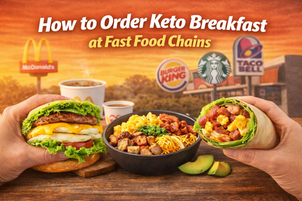 Hand holding a keto-friendly breakfast sandwich with lettuce, scrambled eggs, sausage, and cheese, alongside a breakfast bowl and lettuce-wrapped burrito, with fast food restaurant logos from McDonald's, Burger King, and Taco Bell in the background.