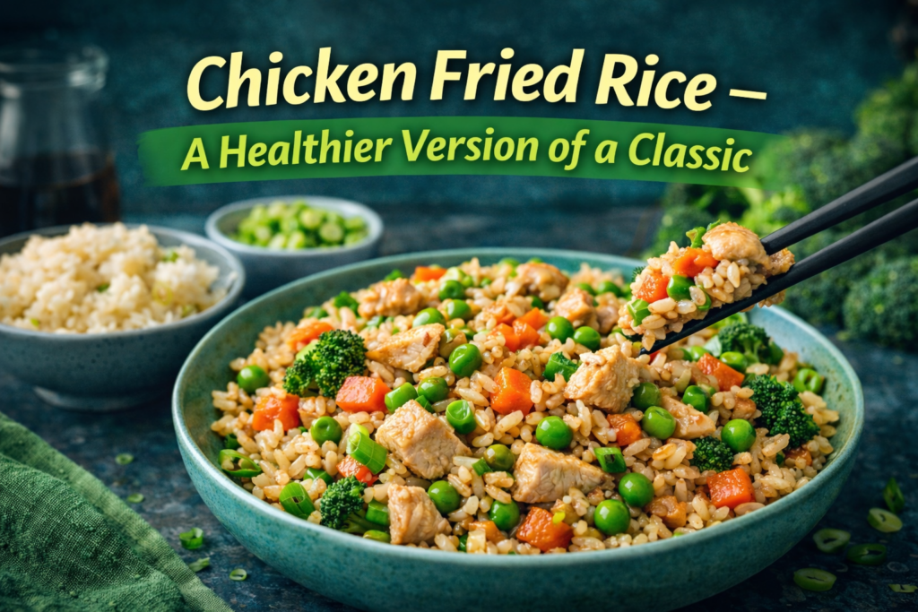 A vibrant bowl of healthy chicken fried rice with lean chicken, peas, carrots, and broccoli, accompanied by cauliflower rice and soy sauce.