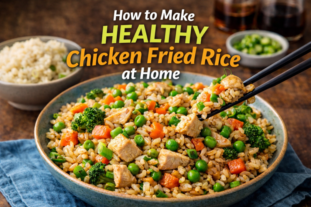 A close-up of a bowl of healthy chicken fried rice with lean chicken, peas, carrots, and broccoli, with the title 'How to Make Healthy Chicken Fried Rice at Home' in vibrant text above it.