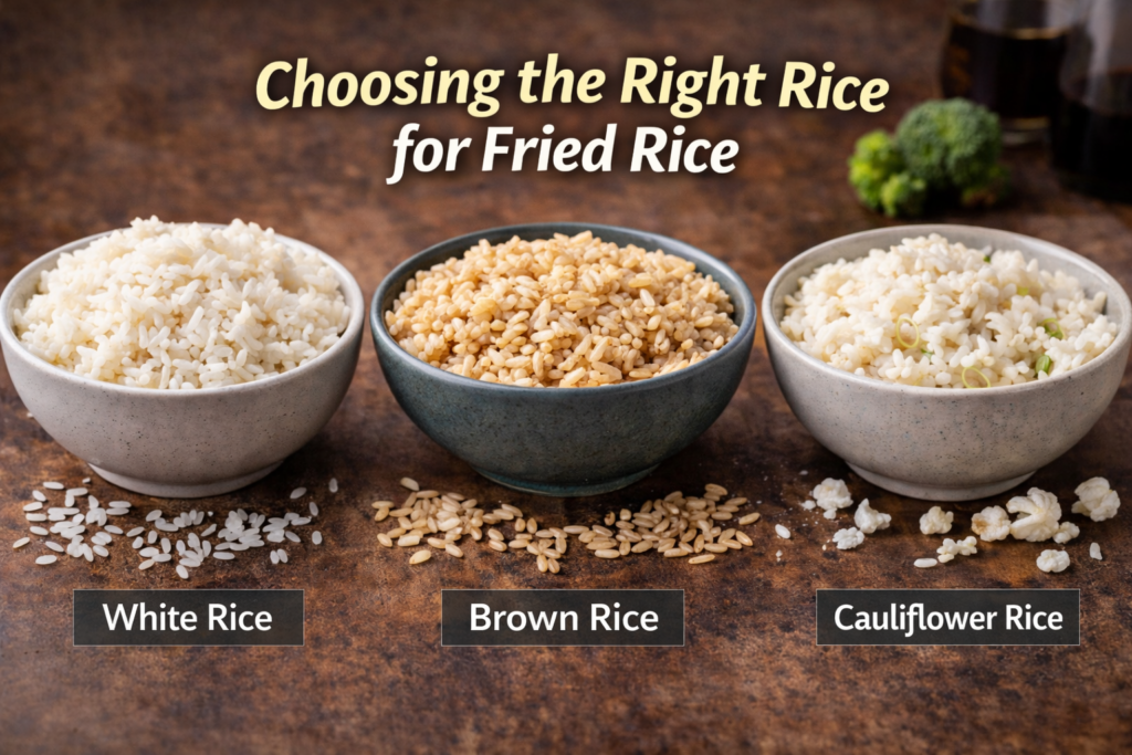 Three bowls of rice labeled 'White Rice,' 'Brown Rice,' and 'Cauliflower Rice,' showcasing the options for making fried rice, with rice grains scattered around each bowl.
