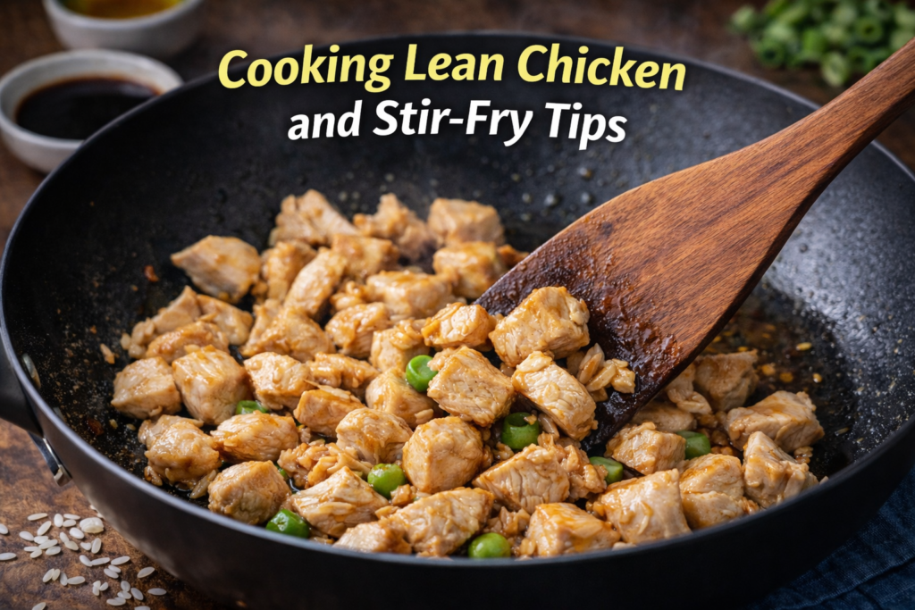 Stir-fried lean chicken pieces with green peas in a black wok, with a wooden spatula flipping the chicken, and the title 'Cooking Lean Chicken and Stir-Fry Tips' in bold text above.