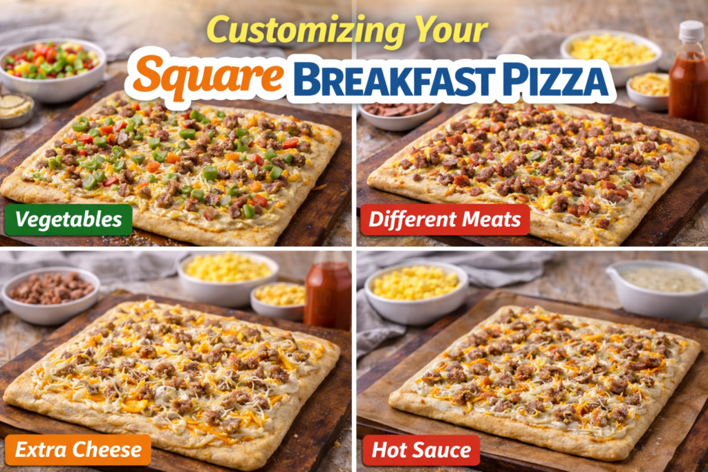 Four variations of square breakfast pizza, each topped with vegetables, different meats, extra cheese, and hot sauce, displayed on a rustic wooden board with fresh ingredients in the background.