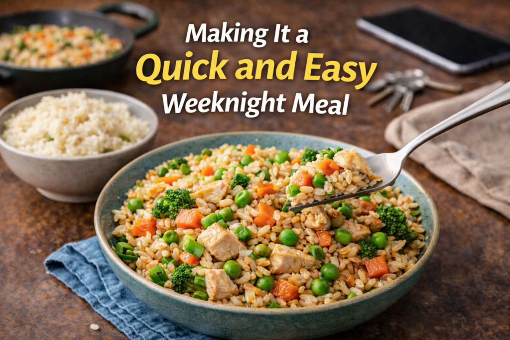 A bowl of healthy chicken fried rice with lean chicken, peas, carrots, and broccoli, with a fork lifting a bite and the text 'Making It a Quick and Easy Weeknight Meal' in bold above.