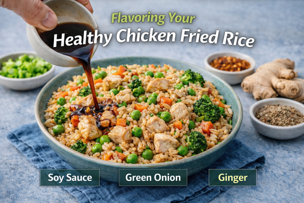 A bowl of healthy chicken fried rice with soy sauce being drizzled on top, accompanied by ingredients like green onions, ginger, and a warm blue background, with labels for soy sauce, green onion, and ginger.