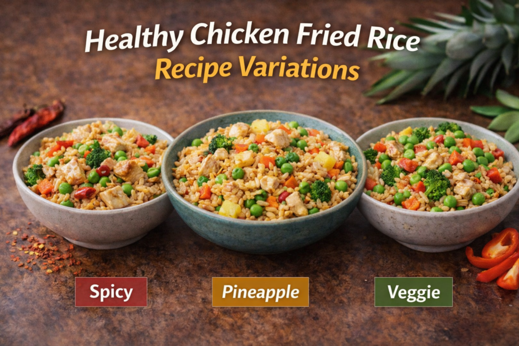Three bowls of healthy chicken fried rice variations – spicy, pineapple, and veggie – with colorful ingredients like chicken, peas, broccoli, and carrots, set against a rustic background.