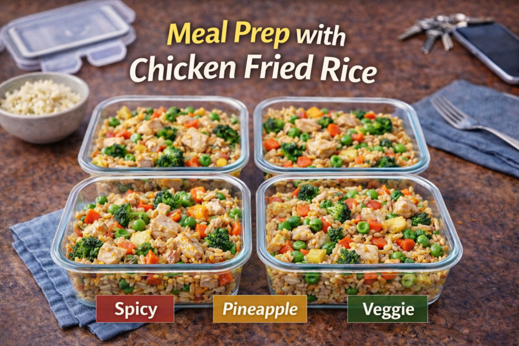 Four glass meal prep containers filled with healthy chicken fried rice, featuring Spicy, Pineapple, and Veggie variations, with colorful ingredients like chicken, peas, carrots, and broccoli.
