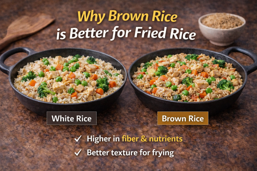 A comparison of white rice and brown rice fried rice in two separate bowls, showcasing the vibrant, healthy ingredients like chicken, peas, broccoli, and carrots, with text highlighting the benefits of brown rice.