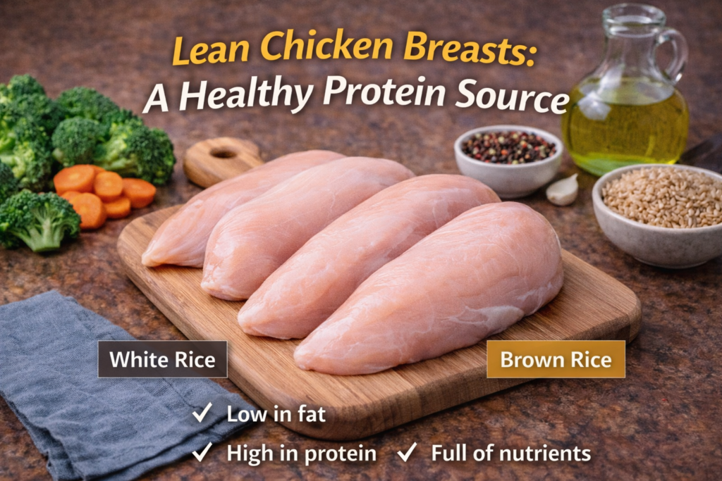 Fresh, raw lean chicken breasts on a wooden cutting board with broccoli, carrots, olive oil, and seasonings, showcasing the nutritional benefits of this healthy protein source.