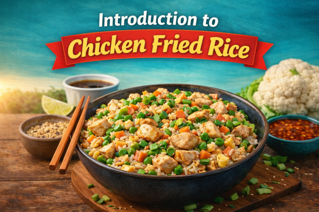 Close-up of chicken fried rice with carrots, green peas, and grilled chicken pieces served in a bowl, with cauliflower rice and soy sauce on the side for a healthier meal option.