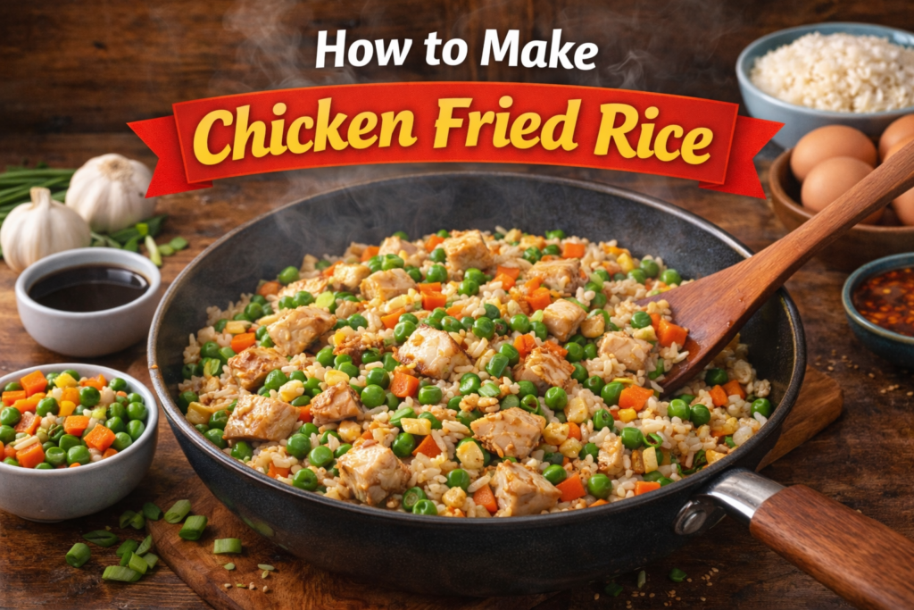 Close-up of chicken fried rice in a skillet with vegetables like carrots, peas, and rice, with a wooden spoon for stirring, and fresh garlic and soy sauce in the background.