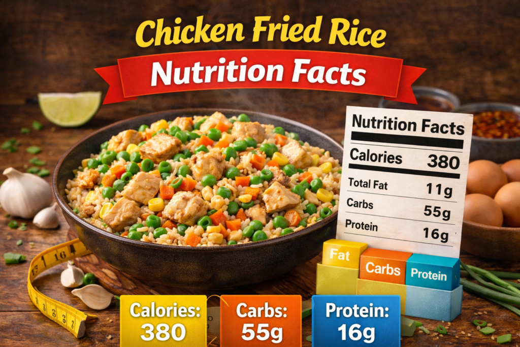 Close-up of a bowl of chicken fried rice with vegetables like carrots, peas, and corn, alongside a nutrition facts label showing calories, carbs, fat, and protein content.