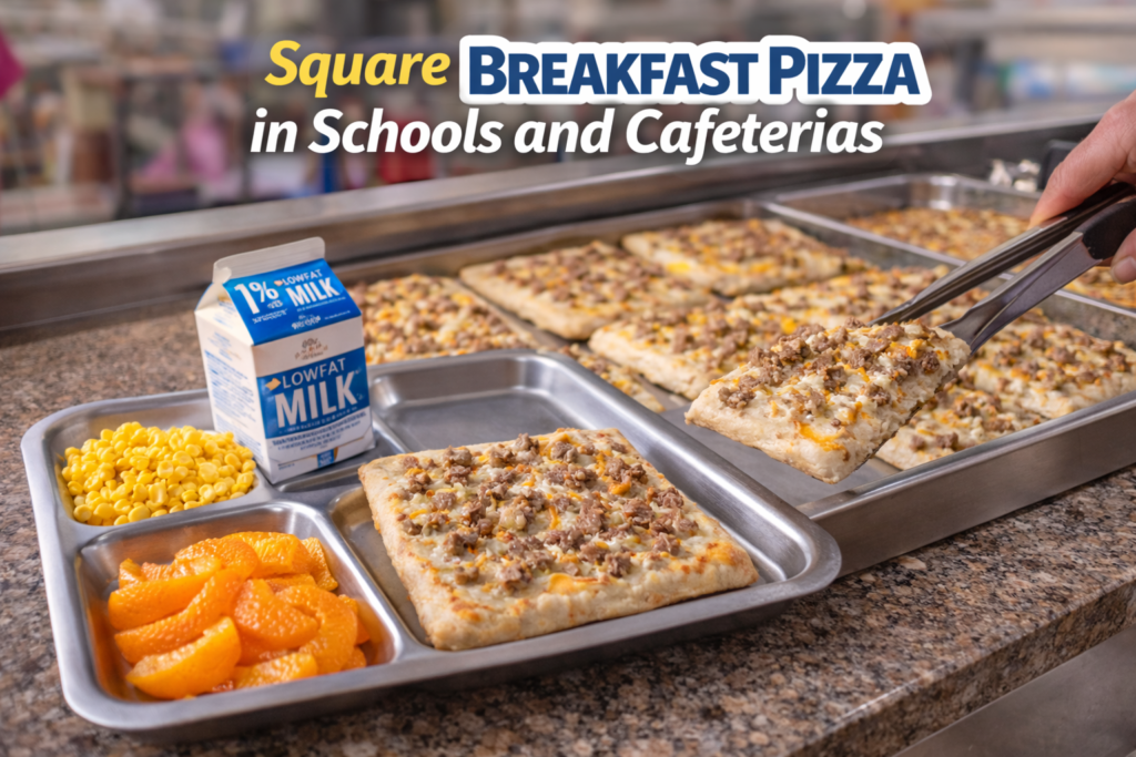A school cafeteria tray with a slice of square breakfast pizza topped with sausage, served with corn, mandarin slices, and a carton of low-fat milk, with more pizzas in the background