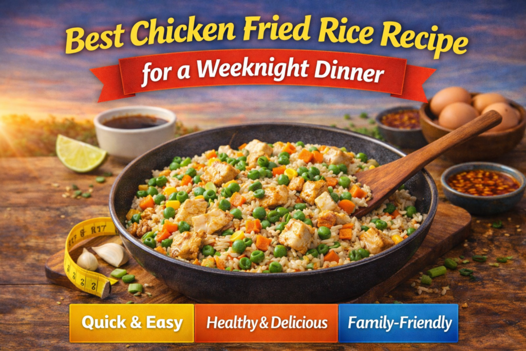 Close-up of chicken fried rice in a black skillet with vegetables like peas, carrots, and green onions, with soy sauce, chili sauce, and lime on the side, set against a rustic wooden backdrop.