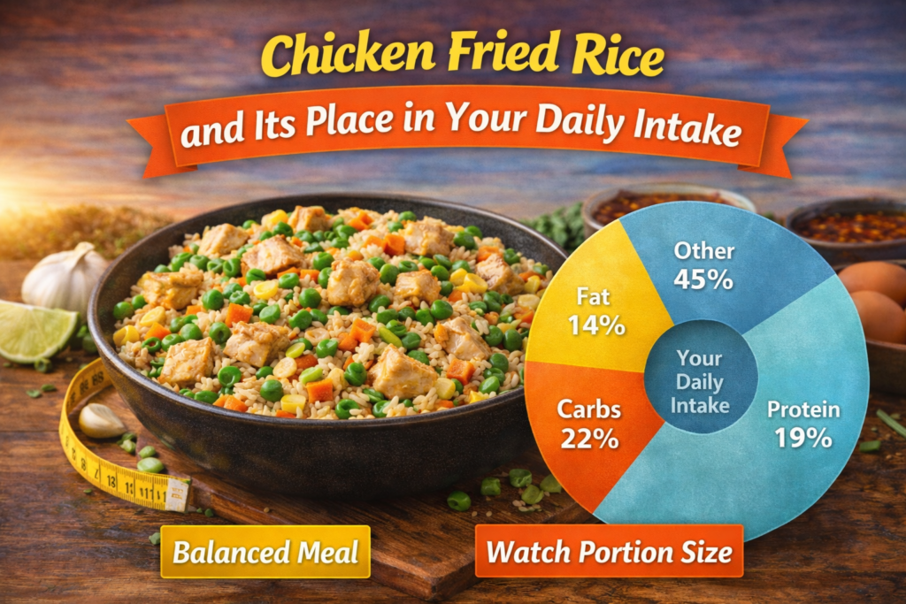 Close-up of chicken fried rice with vegetables like carrots, peas, and corn, accompanied by a colorful pie chart showing the nutritional breakdown of fat, carbs, protein, and other nutrients in the dish.